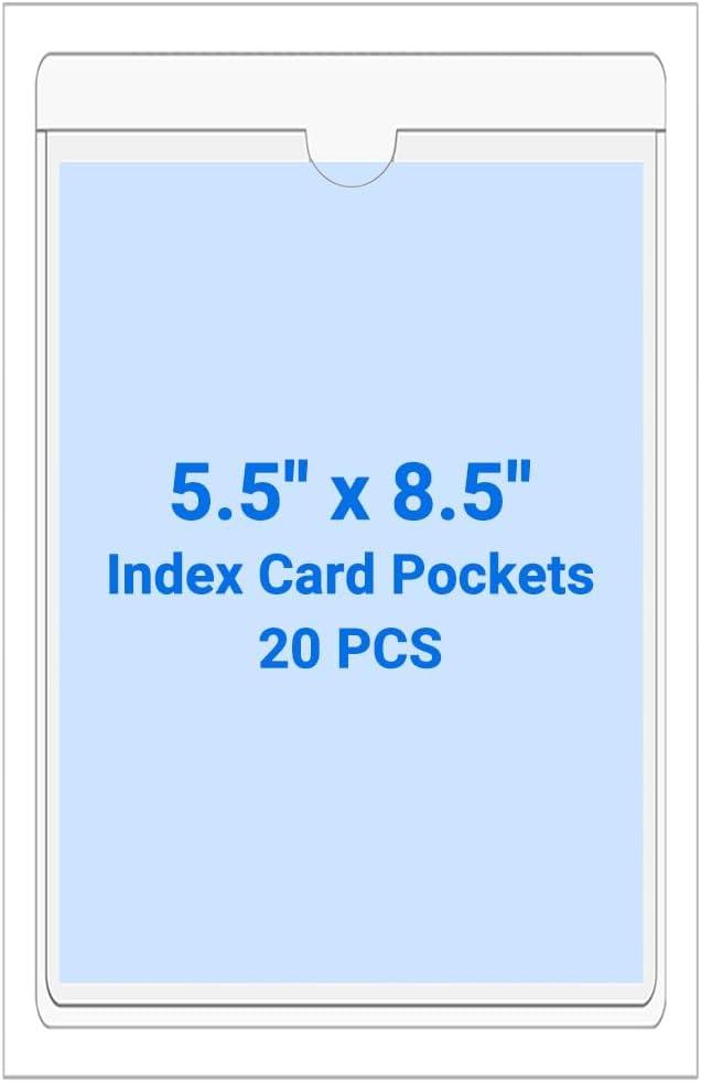 20 PCS Clear Self Adhesive Plastic Label Pockets, Binder Spine Business & Library Index Card Display Holder with Stick On for Planners Organizing, Storage Bins and Drawers (5.5 x 8.5 Inch)
