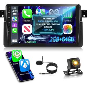 2G+64G Car Radio for BMW 3 Series E46 323ci 325ci 330ci 318i 328i 330xi M3 1999-2006, 9 Android Touchscreen Car Stereo, Wireless CarPlay & Android Auto, GPS, Bluetooth, SWC