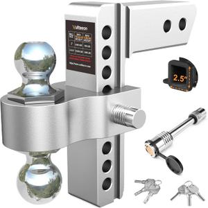 Drop Hitch for 2.5 Inch Receiver, Vullteeon 8 Inch Adjustable Trailer Hitch Ball Mount, 18,500 LBS GTW, (2" & 2-5/16") Chrome Plated Steels Balls, Aluminum Tow Hitches with Two Anti-Theft Pins Locks
