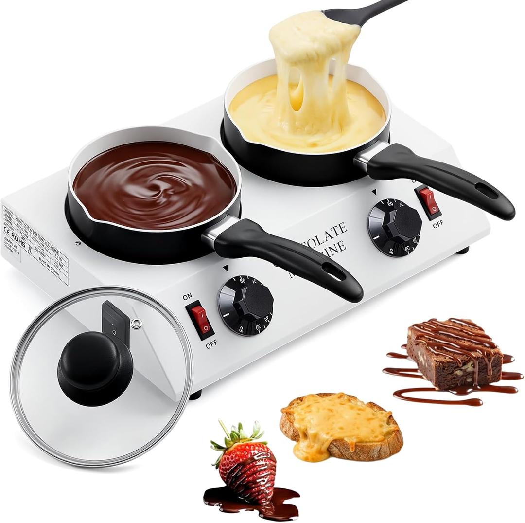 ROCEEI 1 Set Chocolate Melting Machine with 1 Silicone Spatula Electric Heating Chocolate Tempering Boiler for Valentines Candy Butter Making Warming Coffee Milk Wine(Double Pot)