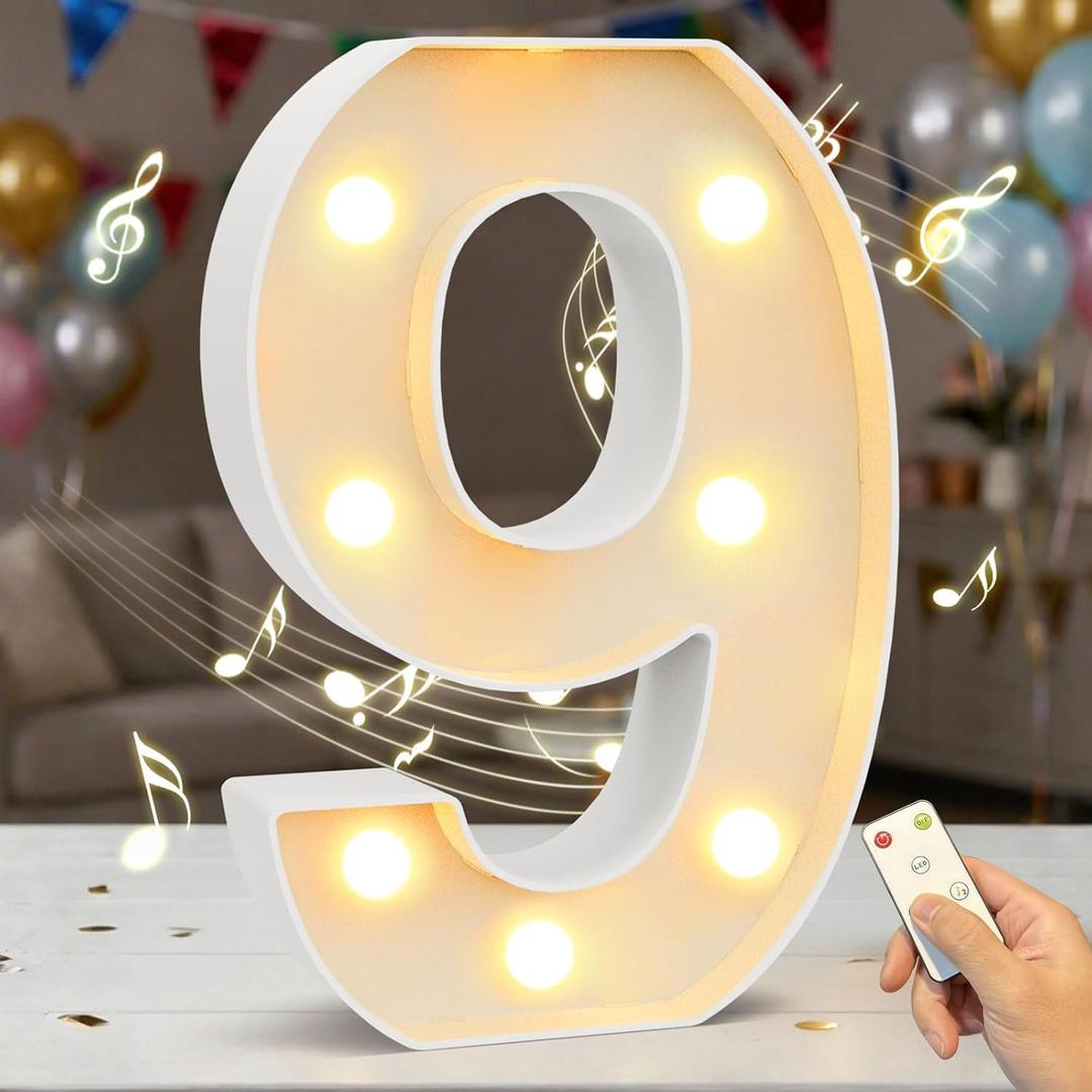 2 x Marquee Numbers Lights Sign with Birthday Music, LED Decorative Light up Number 9 with Remote for Party Anniversary Decorations Wedding Christmas Home Decor, Battery Operated, White Plastic