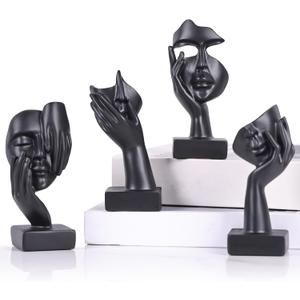 4 PCS Black Thinker Statue Set  Abstract Sculptures Home Decor for Bookshelf, Office, TV Stand Knick Knacks  See No Evil, Hear No Evil, Speak No Evil Figurines, Unique Gift for Women