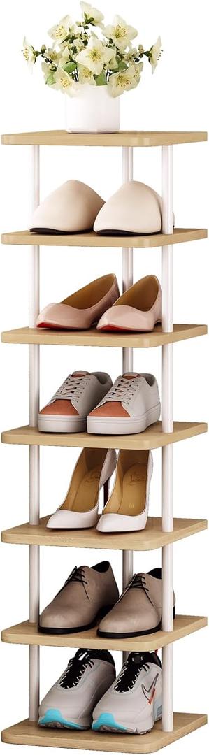 SORCEDAS 7 Tiers Vertical Shoe Rack Wooden Shoe Storage Organizer for Space Saving Narrow Shoe Shelf Storage 7 Pairs for Entryway Living Room Bedroom(White+Oak)