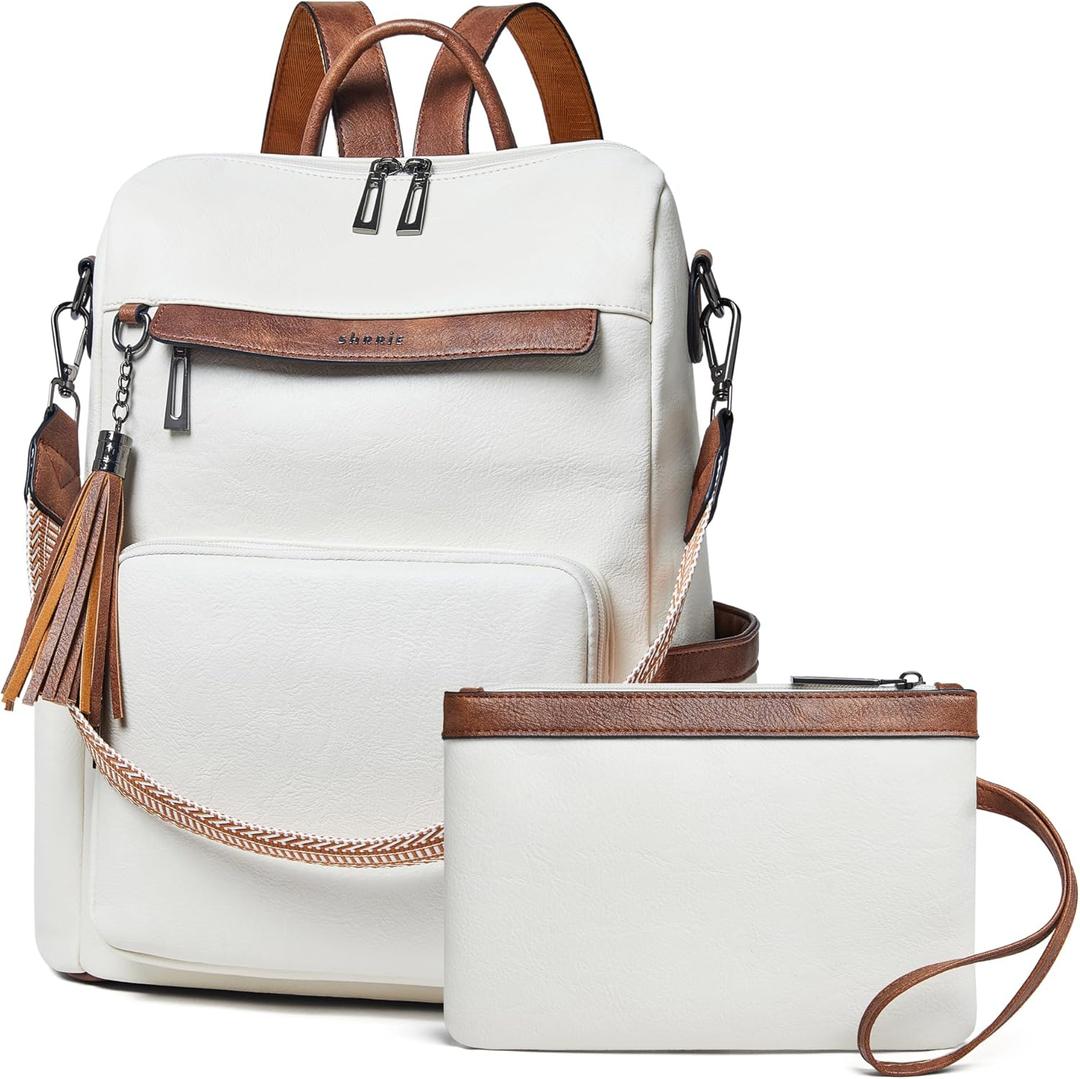 Shrrie Vegan Leather Laptop Backpack for Women 15.6 inch Work Backpack Fashion Travel Backpack Purse for Travel College Work (2 Beige With Brown)