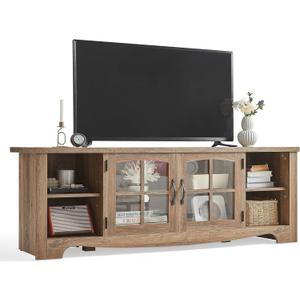 LINSY HOME TV Stand for 75 Inch TV, Modern Farmhouse Entertainment Center with Storage Cabinets and Glass Doors, Tall Media Console Table for Living Room, Bedroom, Large Long Television Stand, Brown, 66"