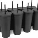 STRATA CUPS Classic Black Tumblers with Lids (8 pack) - 22oz Colored Acrylic Cups with Lids and Straws, Double Wall Matte Plastic Bulk Tumblers With FREE Straw Cleaner! Customizable DIY Gifts (22oz (Pack of 8))