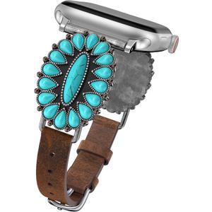 Minyee Leather Band Compatible with Apple Watch Band Women 42/46/38/40/41/44/45/49mm, Western Boho Turquoise Vintage Retro Designer Slim Thin Strap for iWatch Series 11 10 9 SE 8 7 6 5 4 3 2 1 Ultra