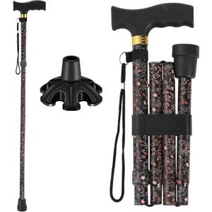 Walking Cane PANZHENG Cane for Man/Woman | Mobility & Daily Living Aids | 5-Level Height Adjustable Walking Stick | Comfortable Plastic T-Handle Portable Walking Stick Folding Cane (balck flower)