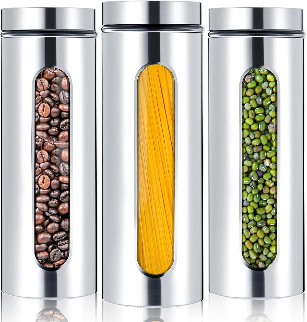 Mimorou 3 Pcs Stainless Steel Canister Set with Glass Windows Visible Storage Jars Silver Kitchen Canister Set for Pasta Flour Oat Sugar Container, Kitchen Tools, Housewarming Gifts(60 oz)
