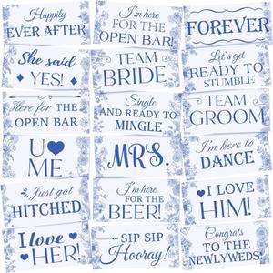 24 Designs Blue Flower Wedding Photo Booth Props Double Sided 11.02 * 5.51' Photo Props Wedding Marriage Parties Decorations Set DIY Water Proof Selfie Signs PVC Printing for Bridal Party