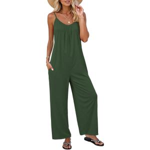 LILBETTER Women Jumpsuits Casual Sleeveless Spaghetti Strap Boho Wide Leg Rompers with Pockets (Green, XL)