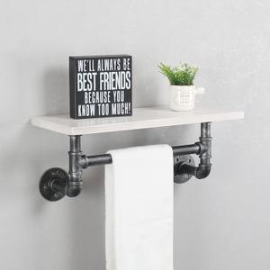 Industrial Pipe Shelf Bathroom Shelves Wall Mounted,19.6in Rustic Wood Shelf with Towel Bar,1 Tier Farmhouse Towel Rack Over Toilet,Pipe Shelving Floating Shelves Towel Holder,Retro White