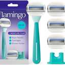 Flamingo Moisture Plus Women's Razor Set - Razor Handle, 4 Blade Refills, Shower Holder - Seafoam