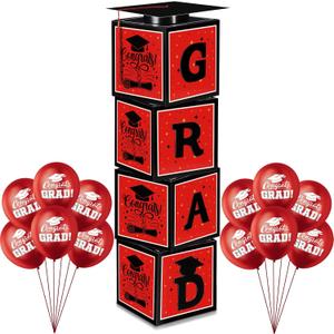 Gejoy 2025 Red and Black Graduation Decorations Prom Boxs Decorations 2025 Graduation Balloon Boxes with Letters Grad Cap for Grad Party School Home College