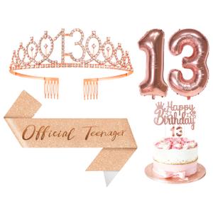 2 x Papoopy 5Pcs Birthday Decorations with Crown Tiara, Sash, Cake Topper, Candle and Number Balloon for Gifts, 13th Birthday Gifts for Her