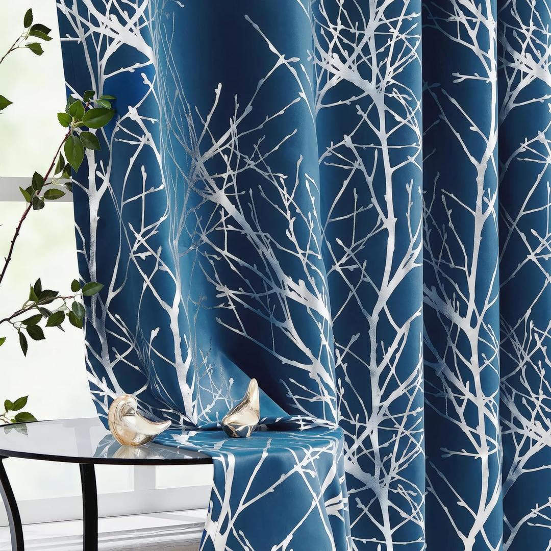 FMFUNCTEX 100% Blackout Curtains for Bedroom, Curtains 96 Inches Long Metallic Silver on Navy Blue Tree Branch Curtains for Living Room, Room Darkening Foil TreeThermal Insulated 2 Panels Grommet Top