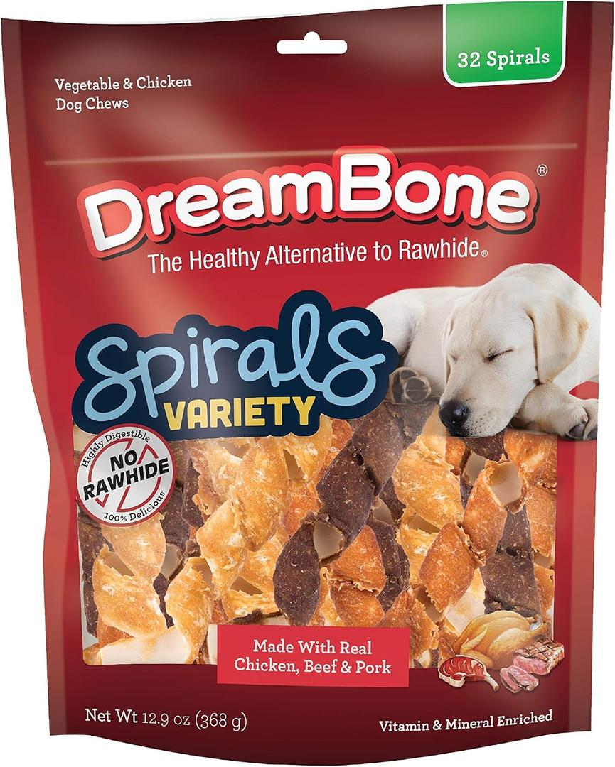 DreamBone Spirals Variety Pack Rawhide-Free Dog Treats, 32 Count | Daily Chew, Digests Safely and Completely, Made With Real Protein, Chicken, Beef and Pork, For Adult Dogs (EXP 09/15/27)