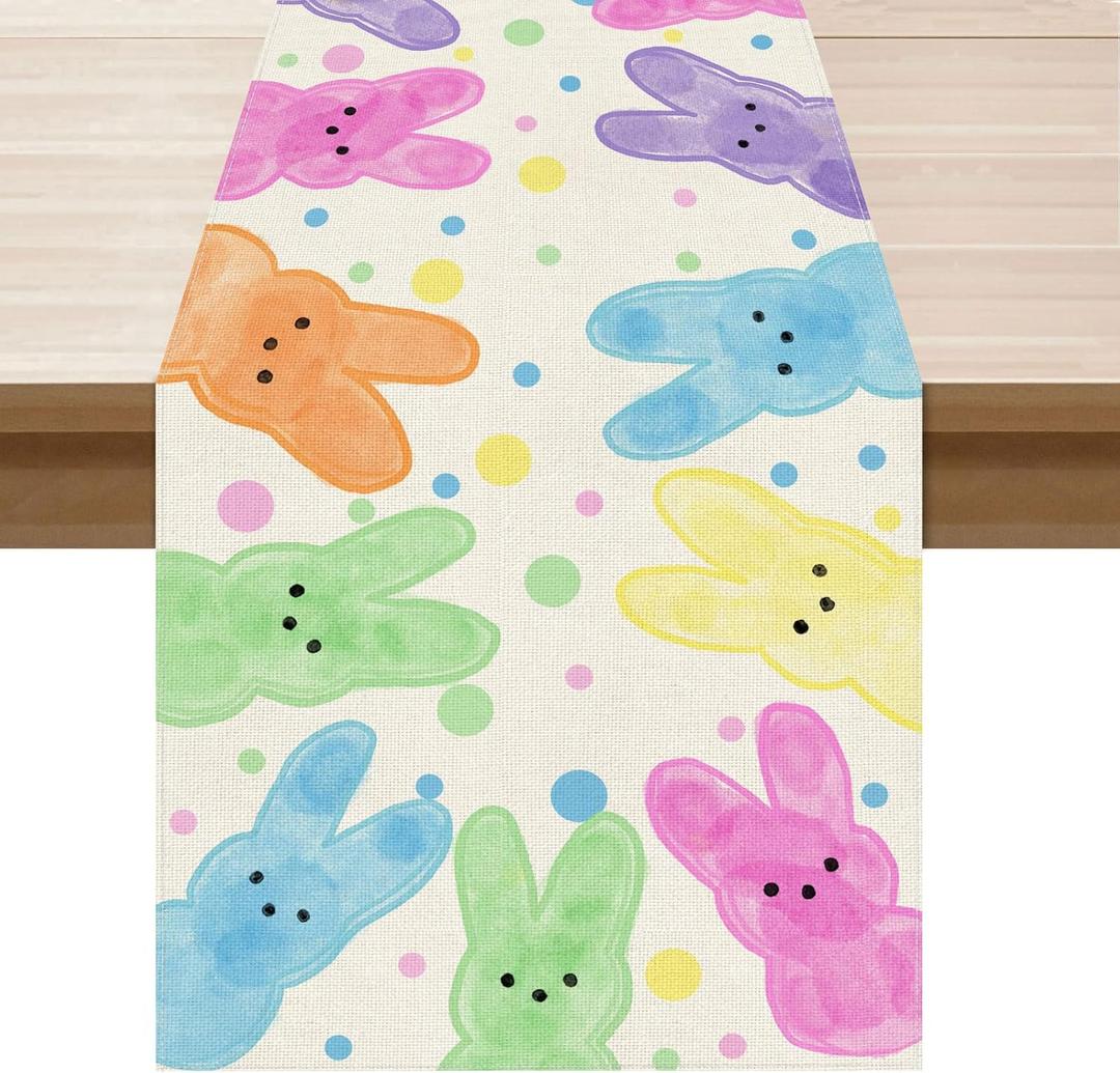 XCHI Colorful Dots Cute Bunny Watercolor Rabbits Easter Table Runner Table Decoration for Party Home Kitchen Dining Holiday Decor 13x108 Inch