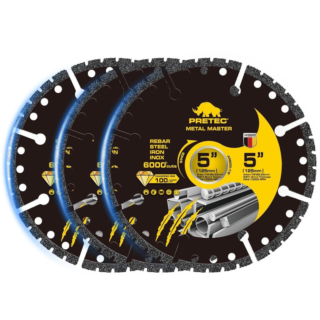 Diamond Cutting Wheel 5 Inch, Angle Grinder Cutting Disc with 7/8" Arbor Hole, 5" Cut Off Wheel for Metal, Carbide Cut-Off Wheels with 6000+ Cuts on Rebar, Steel, Iron and INOX (3 Pack)