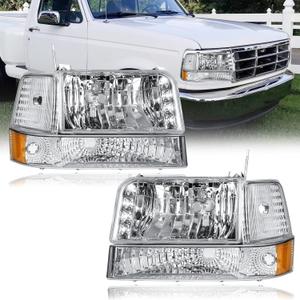LED Headlights w/LED Bar for Ford F150 F250 F350 Bronco 1992 1993 1994 1995 1996 Amber Reflector Chrome Housing Left Right Replacement DRL Headlamp