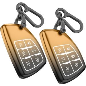 for Chevy GMC Key Fob Cover Accessories- Matte TPU with Leather Keychain for Silverado Sierra Tahoe Suburban Equinox Traverse Yukon Denali Terrain acadia (6 Buttons-Black Gold, 2 Pack)