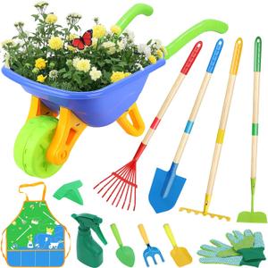 Magic4U 11-Piece Kids Gardening Set with Wheelbarrow, Shovel, Rake, Hoe, Gloves & Apron - Heavy-Duty Steel Tools & Interchangeable Handles, Outdoor Yard Toys for Boys Girls Ages 3-8 (Blue)