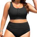 Plus Size 2 Piece Swimsuit - Womens High Waisted Bikini Tummy Control Bathing Suit Ribbed 2025 Swimwear (Black), Size 16W