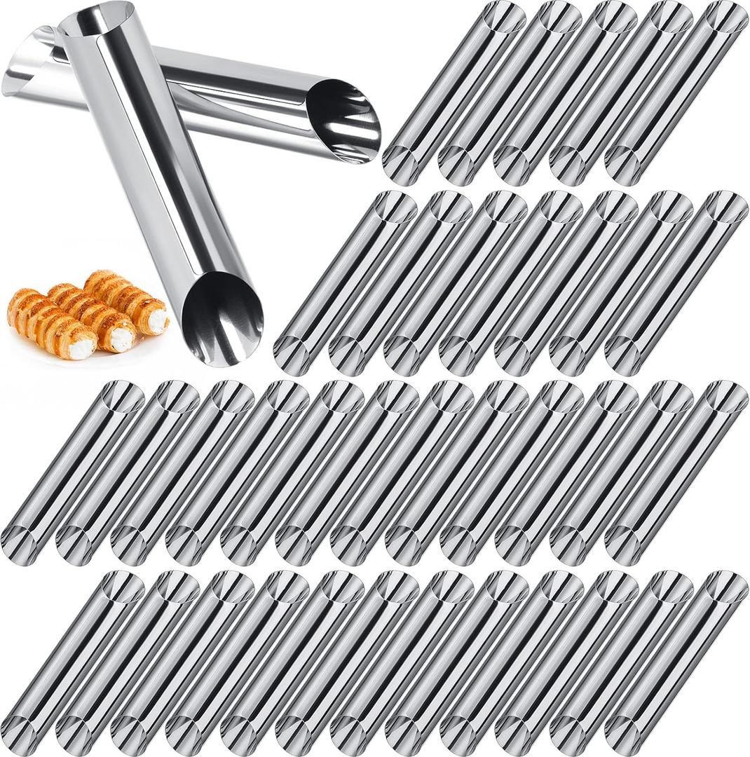 Yexiya 50 Pcs Cannoli Tubes Stainless Steel Cannoli Forms Cream Horn Molds Non Stick Danish Pastry Molds for Croissant Shell Cream Roll Baking Cookie Dough (Tubes)
