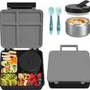 Bento Lunch Box with 8oz Soup Thermo, Kids Leakproof Lunch Food Containers with 4 Compartment, Kids Thermo Insulated Hot Food Jar for School, Travel (Grey)