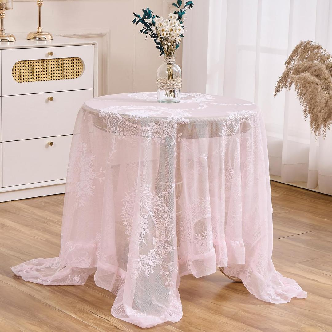 Pink Floral Embroidered Lace Square Tablecloth 55x55 Vintage Table Cover (Pink, 55x55, Square)
