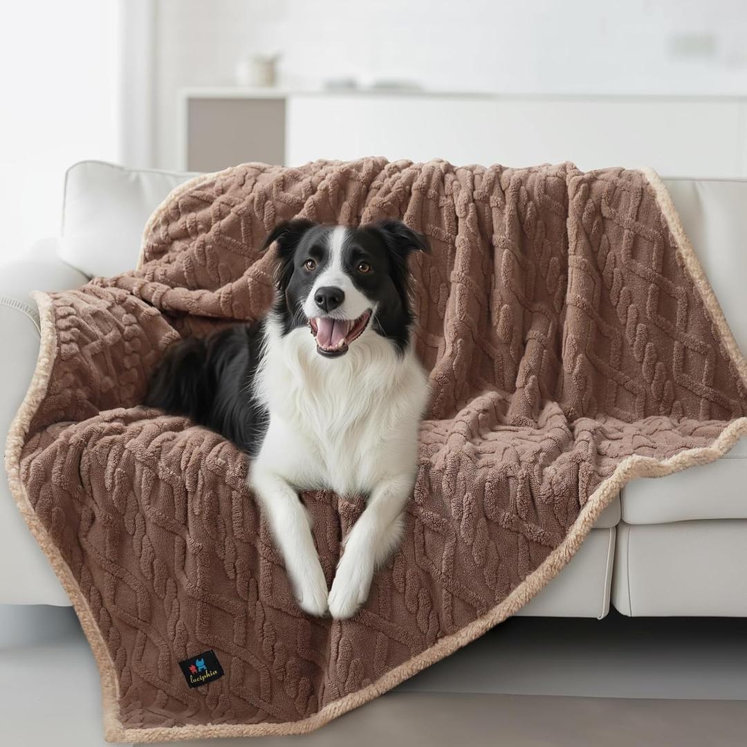 Luciphia Waterproof Pet Blanket, Liquid Pee Proof Dog Blankets for Sofa Bed Couch, Reversible Sherpa Fleece Furniture Protector Cover for Small Medium Large Dogs Cats,Khaki Large65" x 57"