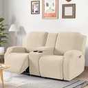 VANSOFY Recliner Loveseat Cover with Middle Console Stretch Reclining Sofa Slipcover for 2 Seat Jacquard Reclining Couch Sofa Covers Furniture Protector with Elastic Straps Bottom (Cream)