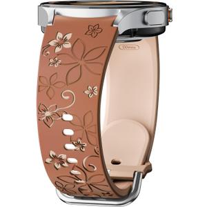Flower Engraved Band for Samsung Galaxy Watch 7/6/5/4/FE 40mm 44mm/Galaxy Watch 6/4 classic Bands 47mm 43mm 46mm 42mm/Watch 5 pro 45mm Women,No Gap Silicone Cute Floral Strap Wristband Two-Tone Correa (03-brown milktea)