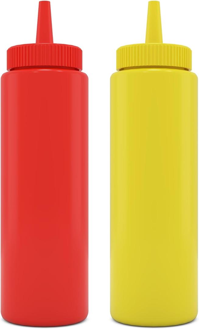 BRIGHTFROM Condiment Squeeze Bottles, RED/YELLOW 8 OZ Empty Squirt Bottle with Wide Neck - Great for Ketchup, Mustard, Syrup, Sauces, Dressing, Oil, BPA FREE Plastic - 2 PACK