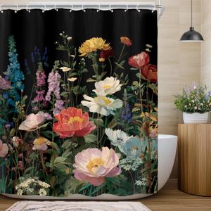 Riyidecor Black Floral Dark Wildflower Shower Curtain for Bathroom Decor 60Wx72H Boho Vintage Flower Blossom Leaves Plants Botanical Women Art Printed Fabric Polyester Waterproof 12 Pack Plastic Hooks