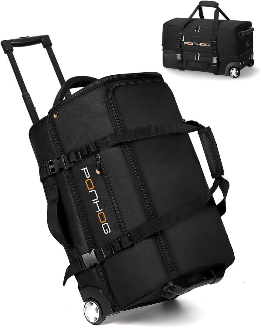 Ponhog 21 Inch Rolling Duffle Bag with Wheels for Men - Water Resistant Wheeled Duffle Bag for Weekend Travel & Overnight Trips (Black)
