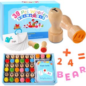MeCids Wooden Alphabet Number Stamp for Kids - Educational Learning Toy Stamp for Playdough with 26 Letters, Numbers 0-9, Flashcards - ABC Spelling and Math Learning Toddler (Alphabet Number-39 Pcs)