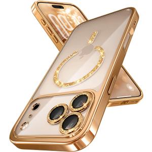 Magnetic for iPhone 17 Pro Case with Glitter Integrated Lens Protection, [Glossy Bumper & Shiny Magnetic Ring] [Compatible with Magsafe] Cute Women Protective Case for iPhone 17 Pro Desert Titanium