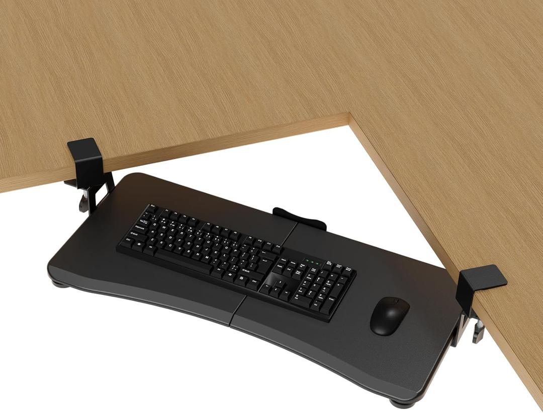 suptek Keyboard Tray Under Desk Pull Out with Adjustable 45 C Clamp for L Shaped Desk, Computer Keyboard & Mouse Tray, 25.6 (30 Including Clamps) x 11.8 inch, Black, DSF1R
