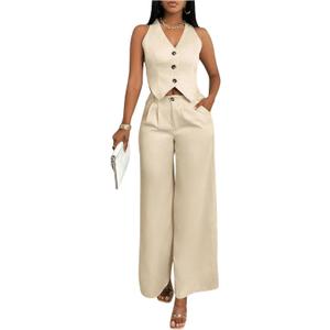 WDIRARA Women's 2 Piece Outfits Button Down Sleeveless Blazer Vest Wide Leg Pants Set (Large, Apricot)