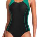 Tempt Me Women One Piece Swimsuits Athletic Racerback Swimwear Training Exercise Slimming Bathing Suit (Small, Black and Green)