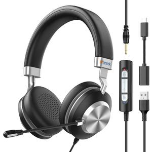 Wantek Headset wtih Mic, USB Headset with Microphone for PC, Computer Headset with Noise Canceling Microphone with Mute for Work Home Office Online Skype Zoom Meetings (USB & 3.5mm -882M)