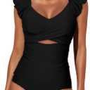 Aleumdr Two Piece Tankini Swimsuits for Women Cutout Tummy Control Bathing Suit Ruffled V Neck Tank Tops with Bottom (Medium, Black)