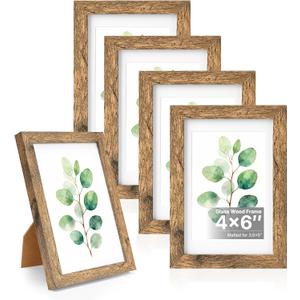 HOUSE DAY Wood 4x6 picture frame, Wooden Picture Frames 4x6 Frame with Real Glass, Rustic 4 x 6 Picture Frame for Wall or Tabletop, Display Picture 4x 6 with Mat or 3.5x5 Without Mat (5 Brown)