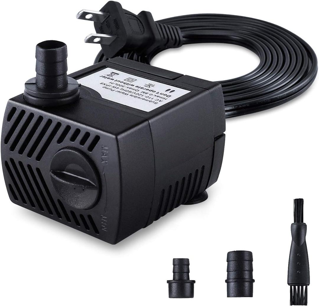 Fountain Pump, 80GPH(4W 300L/H) Submersible Water Pump, Durable Outdoor Fountain Water Pump with 7.2ft2.2m Power Cord, 3 Nozzles for Aquarium, Pond, Fish Tank, Water Pump Hydroponics, Fountain