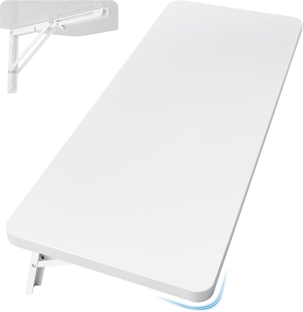 Wall Mounted Folding Table 39.4L x 19.7W, Laundry Folding Table with Heavy Duty Metal Collapsible Shelf Brackets, 220 LBS Capacity, Wall Mounted Desk Fold Down for Small Spaces, White