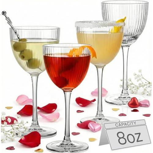 Physkoa Vintage Art Deco Nick and Nora Cocktail Glasses Set of 4 – 5 oz Crystal Ribbed Martini, Manhattan, Classic Coupe Glasses for Home Bar, Birthday Wedding Housewarming Valentine's Day Gifts