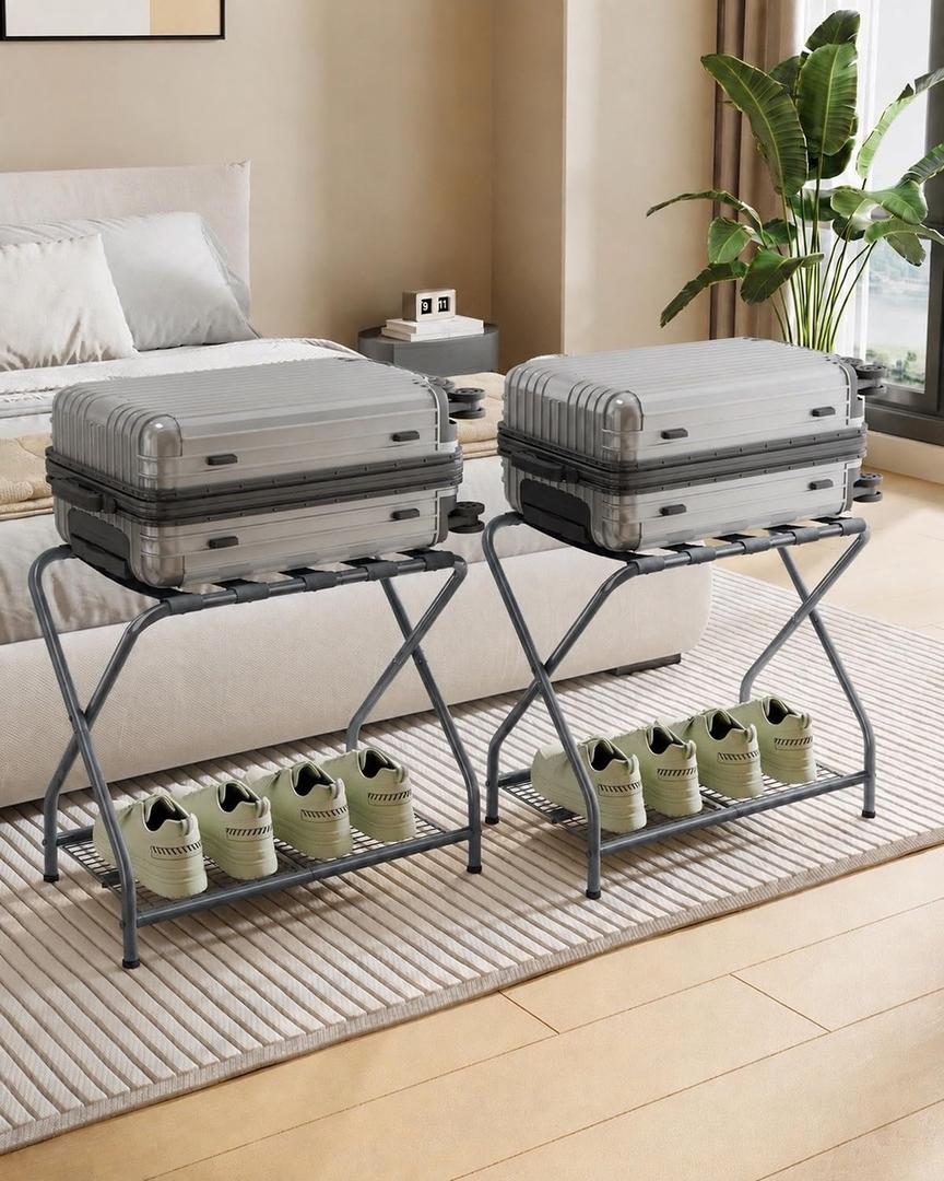 Set of 2 Foldable Gray Luggage Rack Stands with Storage Shelves  Heavy Duty Metal Suitcase Holders, 150 lbs Top, 50 lbs Bottom Each, Fits 20-28 Luggage  Guest Room, Bedroom, Hotel LR-GY-2