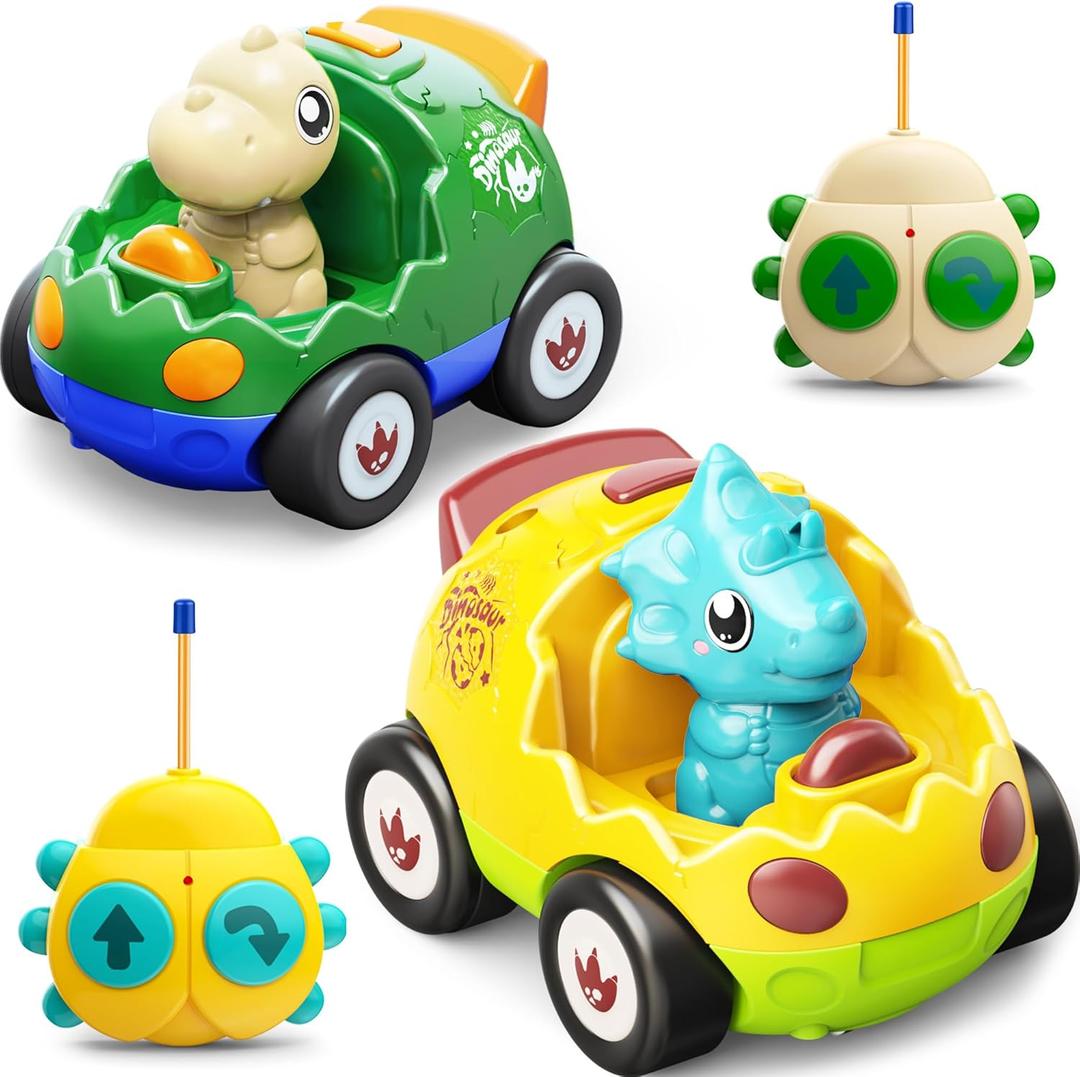 2 Pack Dinosaur Remote Control Cars for Toddlers 2 3 4 5 Years Old - Easter Birthday Gift Ideas for Boys Ages 2-5, Kids Dino Toys RC Vehicle with Lights and Music for Family Fun(Yellow Green)