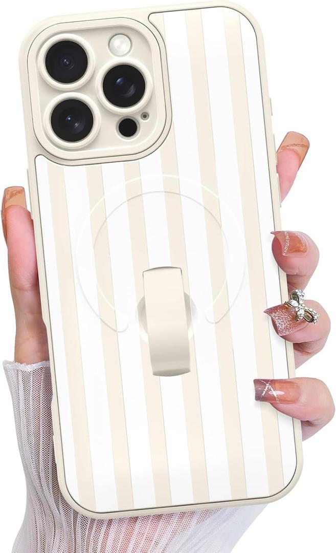 KANGHAR Compatible with iPhone 16 Pro Max Case, Support for MagSafe, Silicone Stripes Cute Pattern, Wristband Kickstand Camera Protection Soft Slim Cover for Girls Women -White